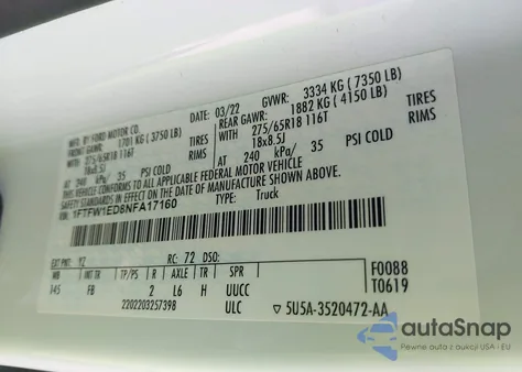 2022 Ford F-150 Xlt из США, поврежденный, VIN 1FTFW1ED8NFA17160